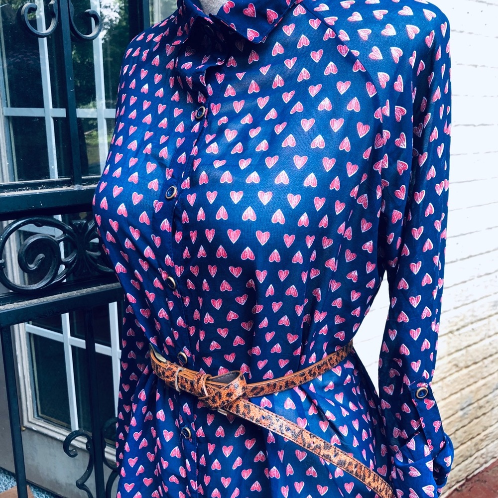 Sheer Navy With Red Heart Button Up Top - image 2